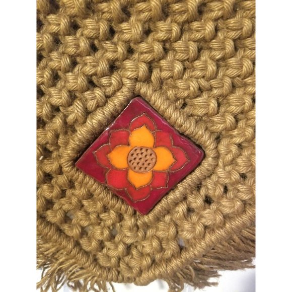 Handmade Macrame Purse Shoulder Bag Fold Over Flap Ceramic Tile Boho Hippie - Picture 2 of 8